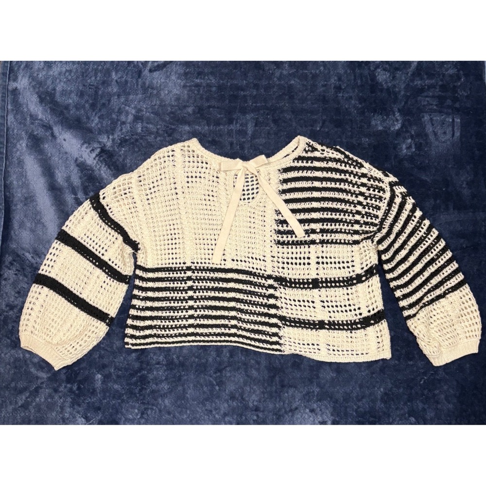 Blu Pepper Women Medium Crochet Knit Striped Sweater Cover Cream‎ Black B4ST1067